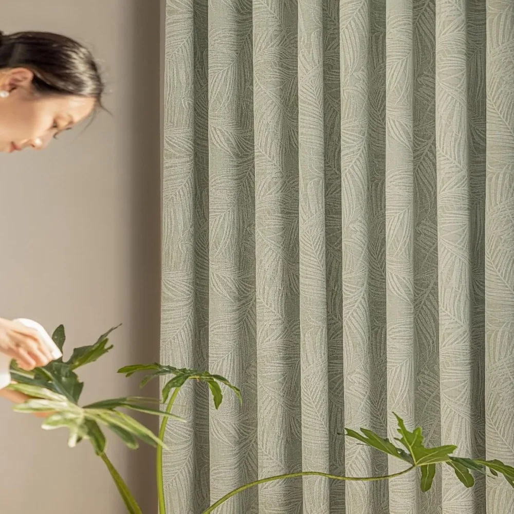 Blackout Curtains 106 Inch, Dining Room Darkening Panels, Light Green Leaves Jacquard Design, 2 Piece Grommet Set
