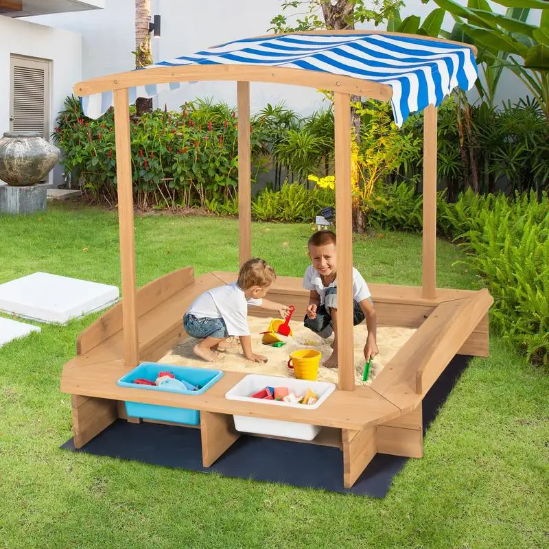 

Kids Wooden Sandbox with Striped Canopy