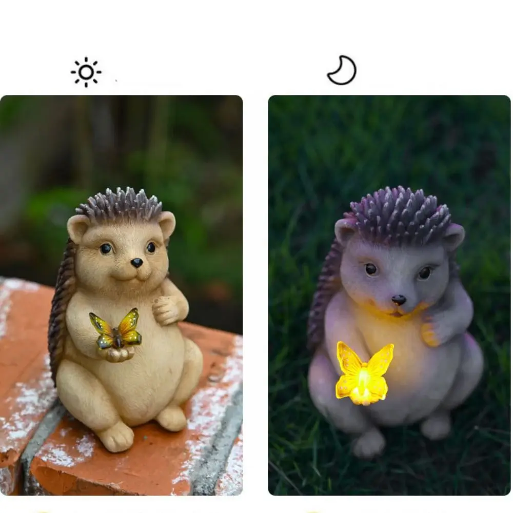 Resin Solar Hedgehog Statue Ornament Cute Creative Animal Sculptures Lamp Waterproof Vivid Art Figurine Light Courtyard