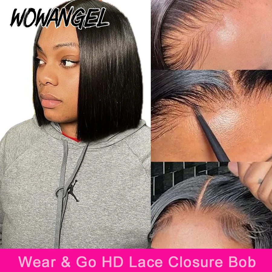 

Wow Angel Straight Short Bob 5x5 HD Lace Closure Wig Ready to Go Glueless Human Hair Wigs Undetectable PrePlucked Wigs for Woman