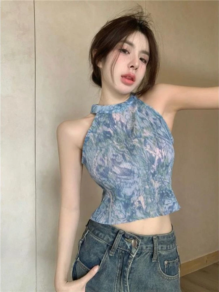 Women's 2026 Summer French Halter Neck Printed Camisole Tank Top Lightweight Sexy Hot Girl Streetwear Sweet Chic Coquette