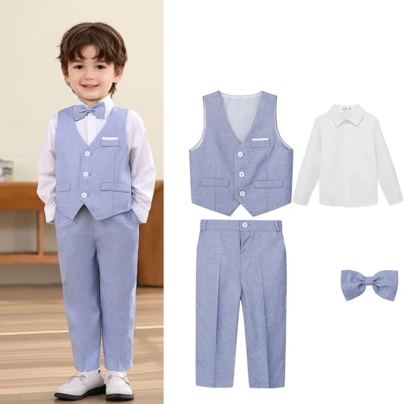 Boys Summer Blue Vest Shirt Pants Bowtie Photography Suit School Kids Wedding Dress Children Ceremony Cosplay UNIFROM Costume
