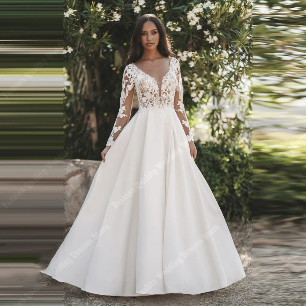 

Charming A-Line Satin Women Wedding Dresses High Quality Lace Print Bride Gowns Mopping Length Ball Vestidos De Novia Customized