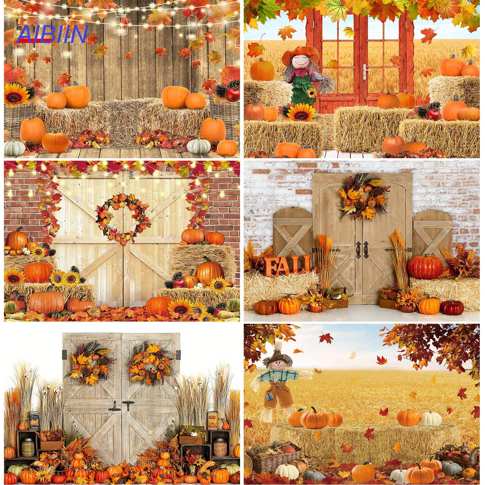 Fall Thanksgiving Photography Backdrop Pumpkin Harvest Haystack Brick Wall Wood Door Background Kids Cake Smash Party Decor