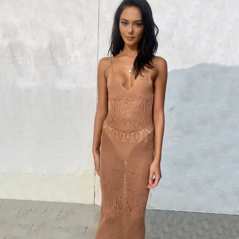 2024 夏の新スカート女性の無地セクシーなニットビーチビキニ水着カバーアップ日焼け防止服