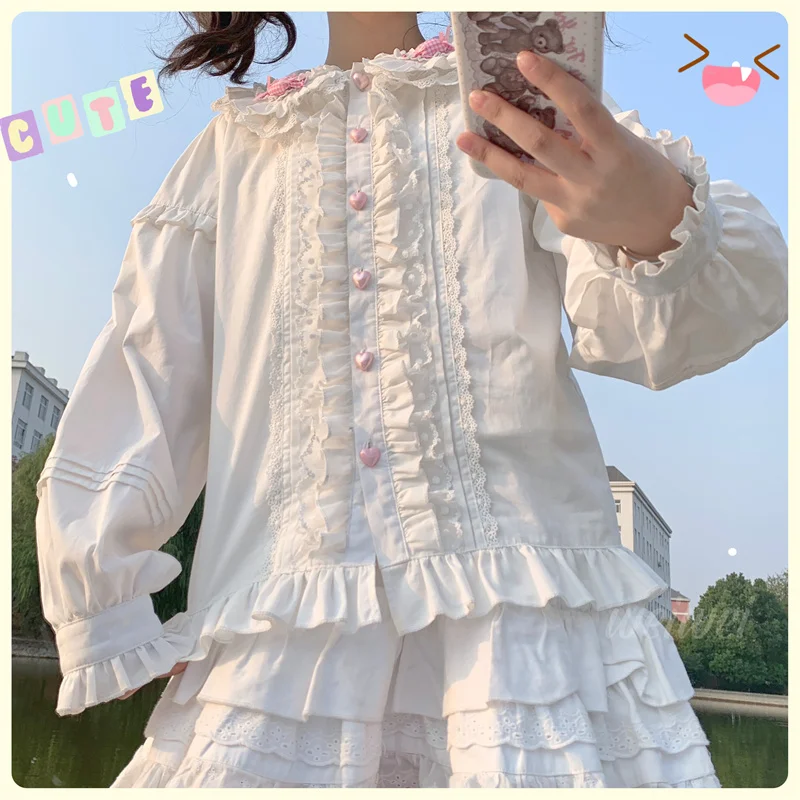 Lolita Shirt White Sweet Women Preppy Style Blouses Cute Peter Pan Collar Lace Ruffle JK Shirts Girls Long Sleeve Blusas Mujer