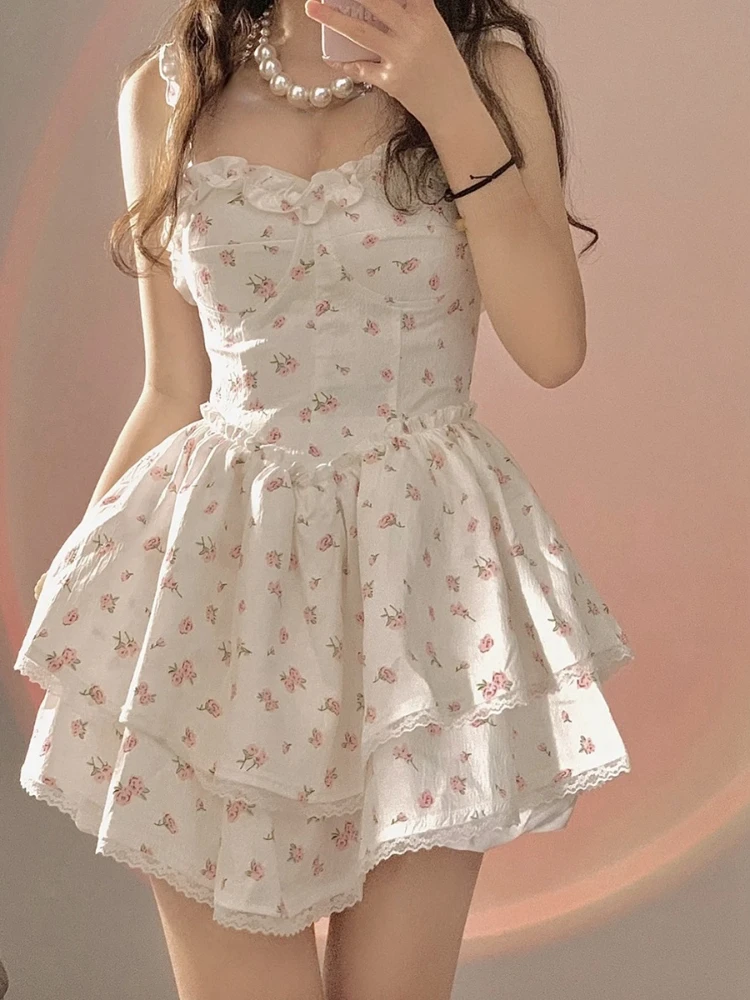 Summer Lace Kawaii Dress Women Vintage Sleeveless Elegant Sweet Mini Dress Female Floral Print Korean Designer Strap Dress 2023