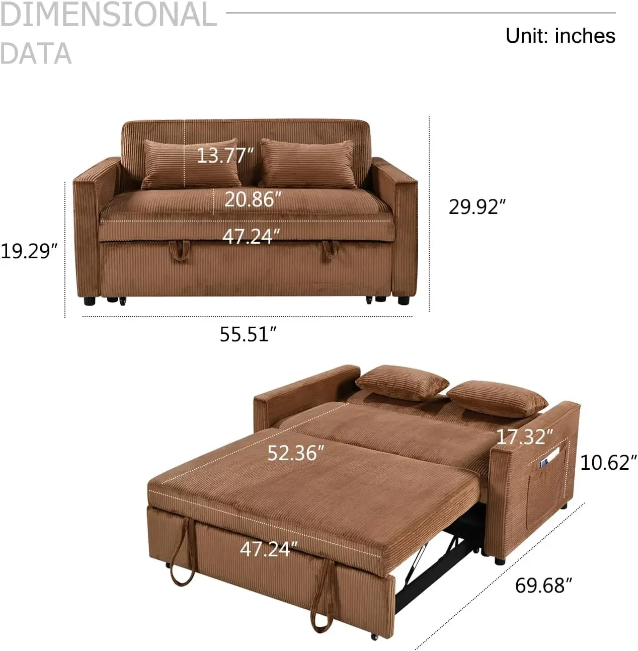 Pull out sofa, corduroy convertible sofa bed, pull-out sofa bed with 3-layer adjustable backrest and storage bag, and 2 pillows