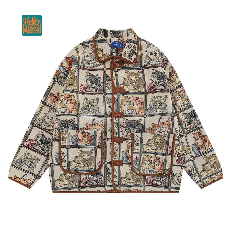HELLOMARCEL EU US Size Luxury Quality Bomber Jacket Street Wear Fall Winter Retro Cartoon Cat Jacquard Men Women Jacket