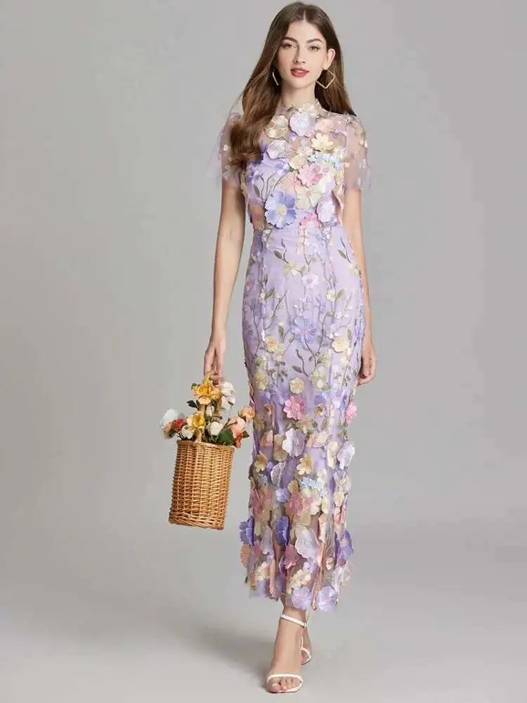 Runway New Summer Mesh 3D Flower Embroidery Lace Mermaid Evening Prom Dress Women Short Sleeve Holiday Wedding Party Vestido