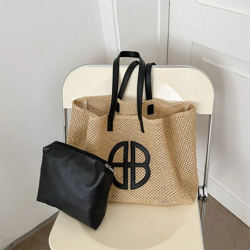 Summer Large Capacity Straw Hollow Out Knitting Women Tote Bag Beach Vacation Casual Shoulder Bags With Purse