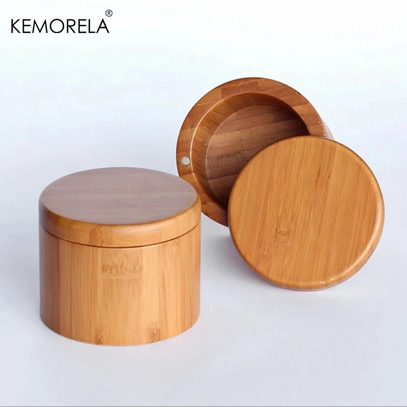 1PC Bamboo Wooden Salt Box with Magnetic Swivel Lid - Kitchen Storage Container for Spices Herbs And Condiments