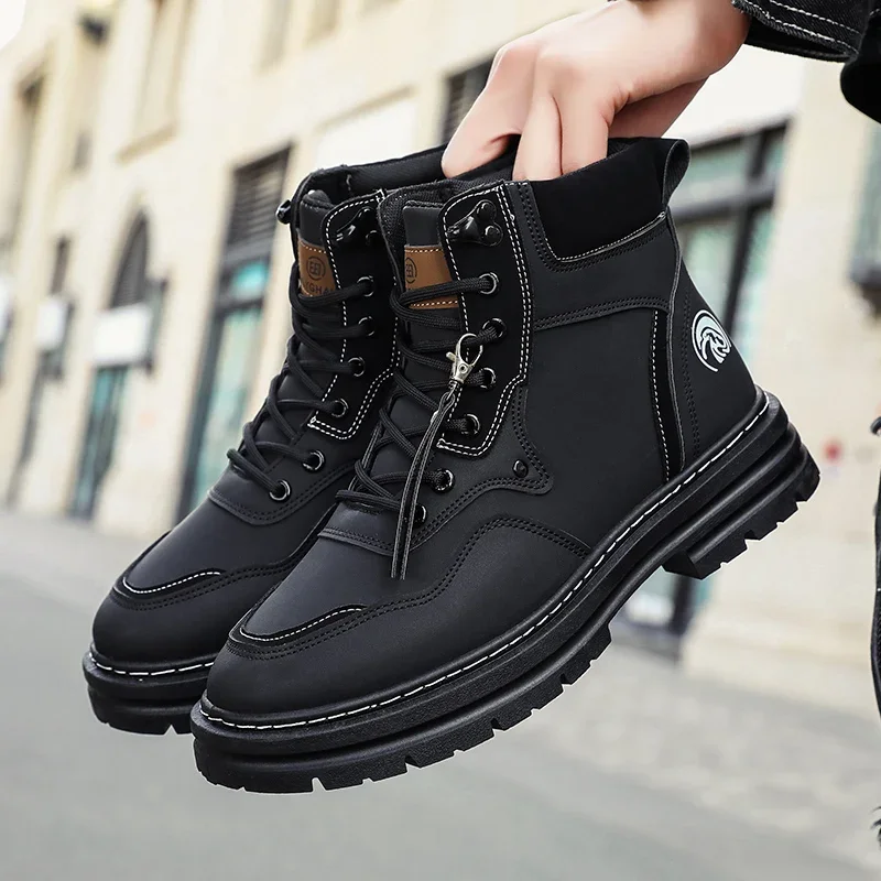 Classic Black Men's Motorcycle Boots Autumn Winter Biker Boots For Men Comfy Leather Ankle Boots Man High Top Working Shoes