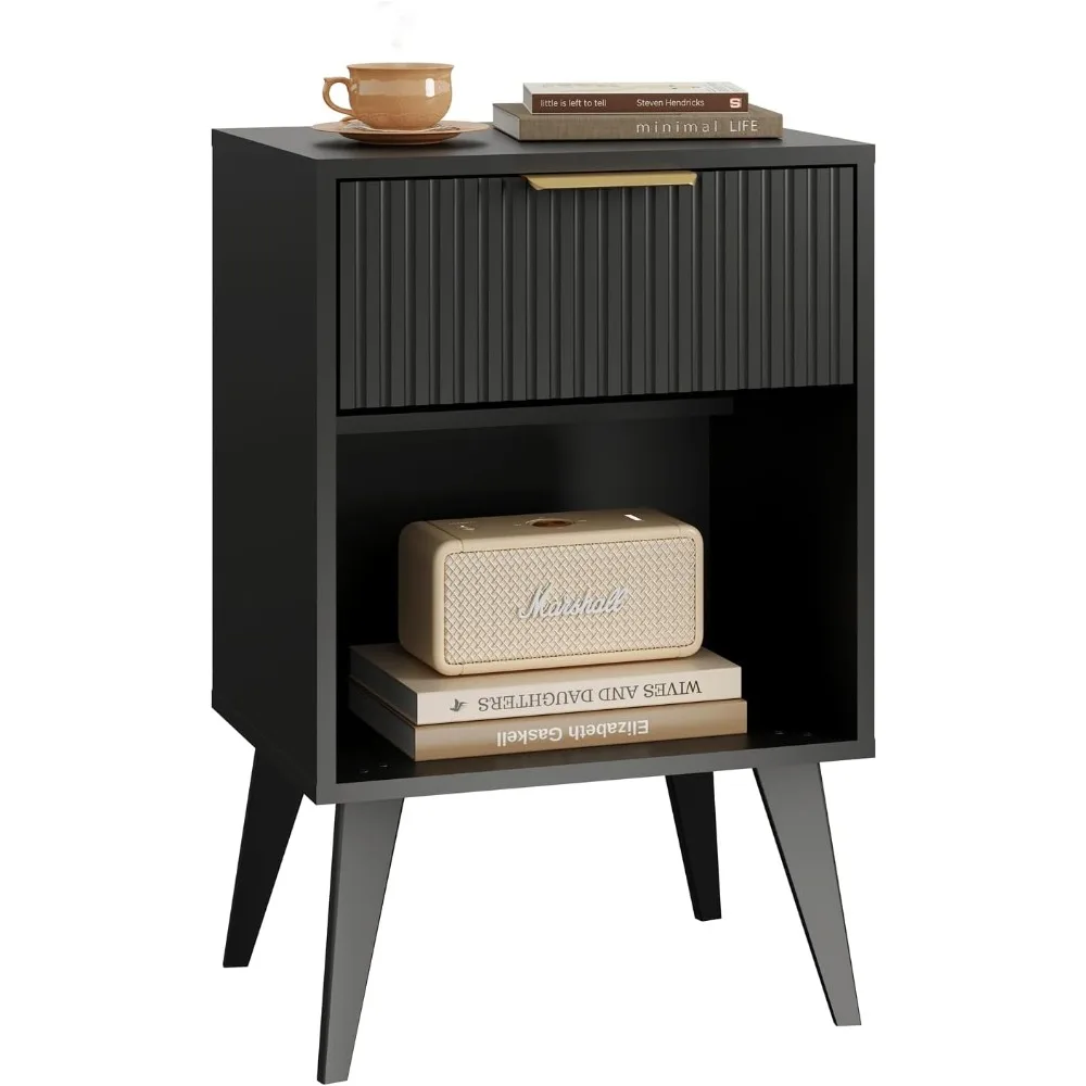 

Fluted Night Stand with Opening Storage,Mid Century Bedside Table with Drawer,Modern Nightstand with Solid Wood Legs,End Table S