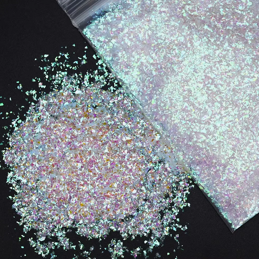 Purpurina blanca iridiscente para uñas, lentejuelas de sirena brillantes, espejo, rebanadas irregulares, copos 3D, Paillettes, decoraciones de Arte de uñas, Color AB