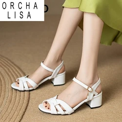 ORCHA LISA Brand Women Sandals Square Toe Chunky Heels 5cm Buckle Strap Soft Concise Daily Female Shoes Large Size 46 47 48 49 5