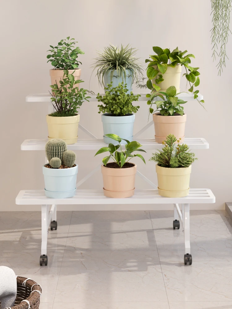 Metal Balcony Flower Pot Shelf with Wheels Indoor Multi-Tier Rolling Storage Rack Living Room Display Organizer Plant Stand