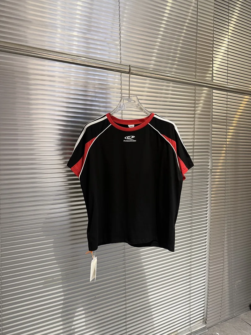 2026 PTL Index Vintage Sports Slogan Embroidery Striped Color Block Slim Fit Stretch Short Sleeve T-shirt