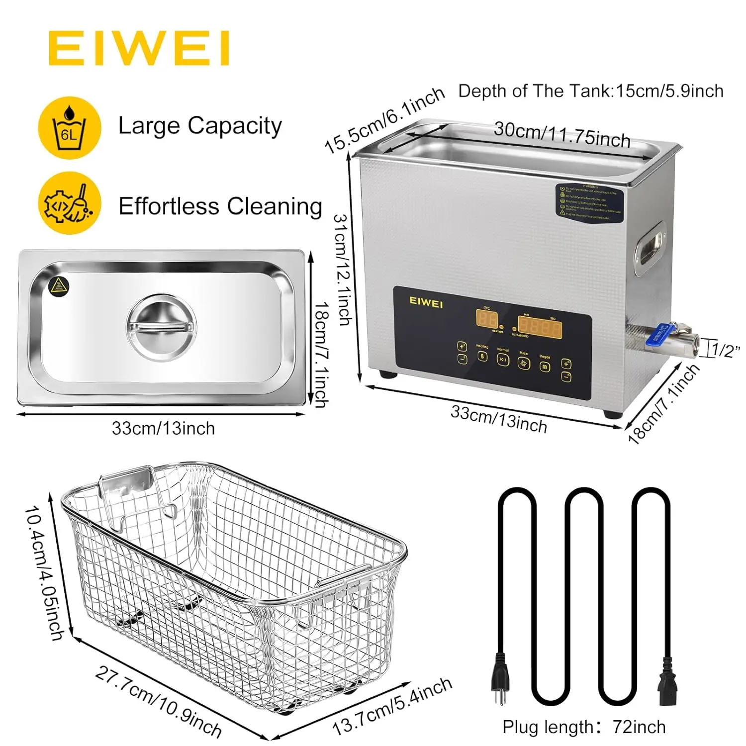 Nettoyeur à ultrasons 6L avec minuterie de chauffage, double fréquence pour bijoux, lunettes, pièces et circuits imprimés