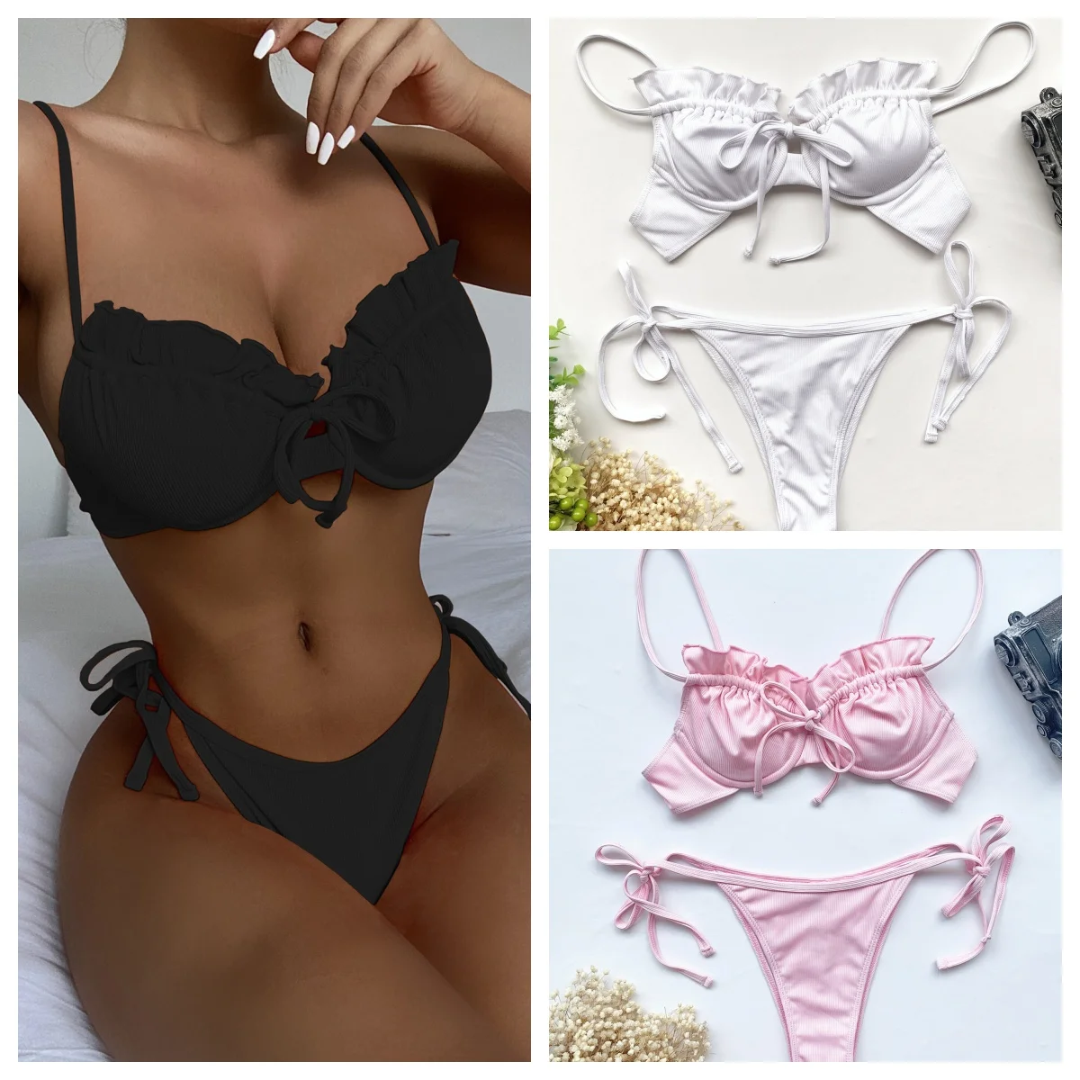 Summer Beach Sexy Black Bikini Women Solid color 2 Piece Swimsuit Bathing Swimwear Swimming Biquini