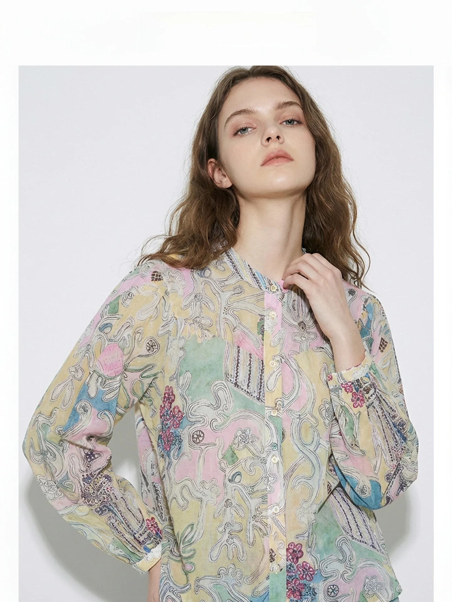 

Retro 00% Linen Floral Print Women's irt Summer Loose Slimming Design Bubble Sve Top round Ne Long Sve Plant Floral