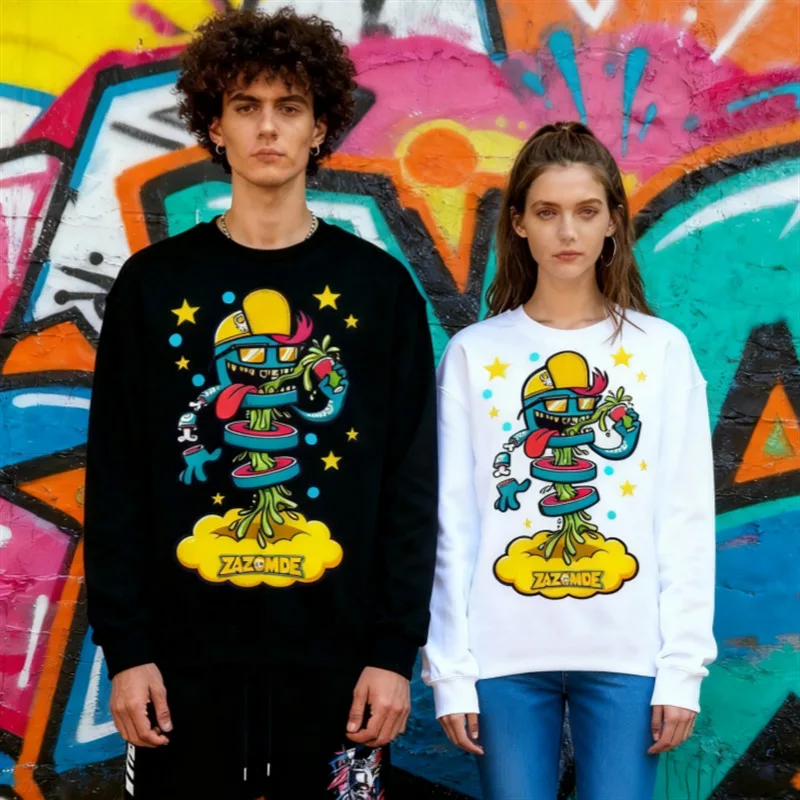 

ZAZOMDE Мужская хлопковая футболка с длинным рукавом в винтажном стиле с мультяшным графическим принтом Свободная посадка Повседневный уличный стиль Юмористический дизайн для мужчин