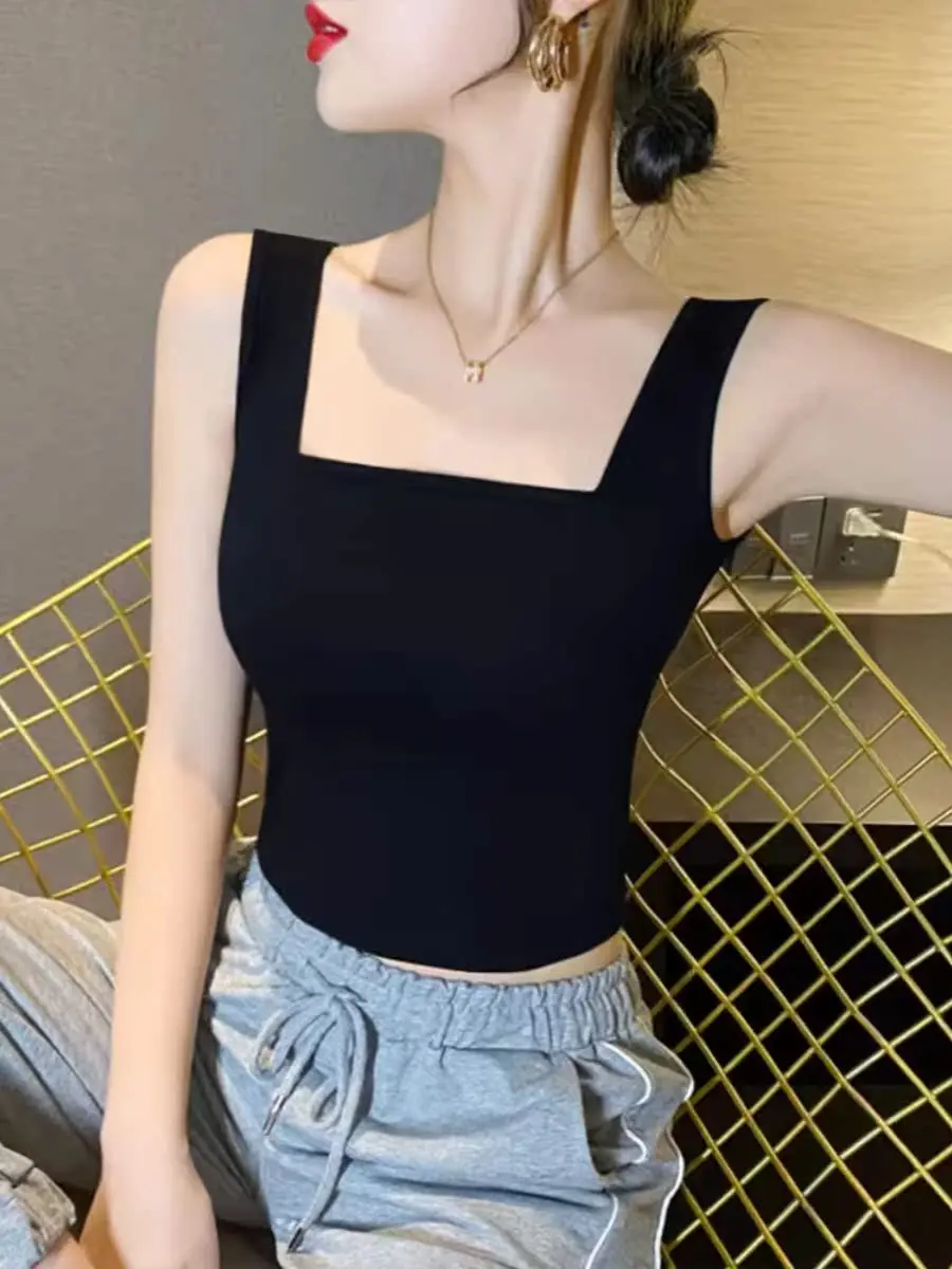 

Спортивный жилет из чистого хлопка, женский спортивный топ с квадратным воротником и бретелями, нижняя одежда для фитнеса, повседневная летняя одежда 2024