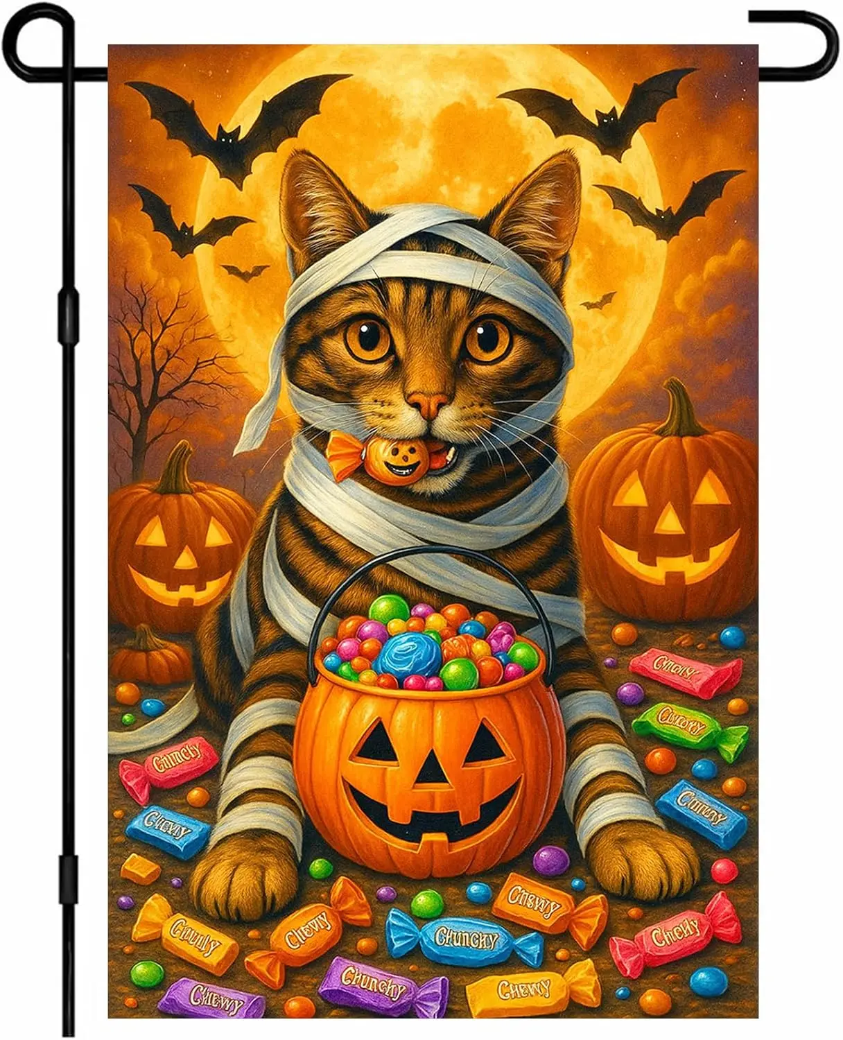 IVN Halloween Garden Flag 12x18 Inch Double Sided Cute Tabby Cat Mummy Pumpkin Candy Trick or Treat Jack O’ Lantern Outdoor  EEZ
