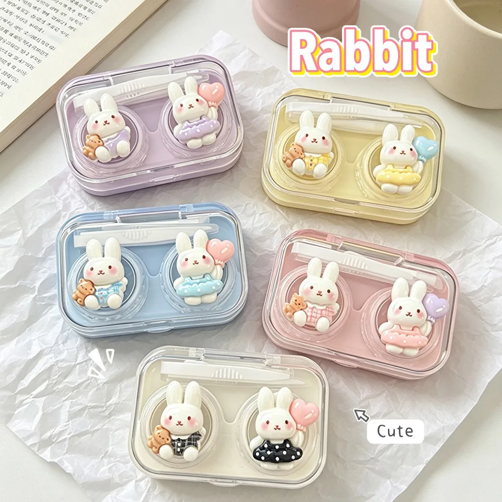 Cute Cartoon Bunny Contact Lens Case, Mini Portable Double Compartment Storage Box With Wearing Tool For Daily Travel