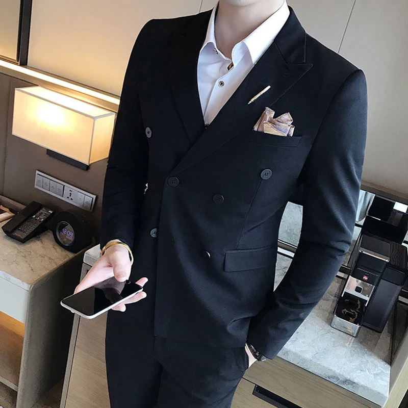 ( Jackets + Pants ) Solid Color Double Breasted Mens Suit Groom Wedding Dress Dinner Party Prom Suits Formal Business Tuxedo