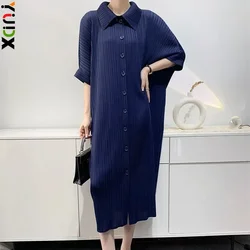 YUDX Miyake abito plissettato donna sciolto Plus Size monopetto manica a pipistrello di media lunghezza estate tinta unita abito Casual Maix