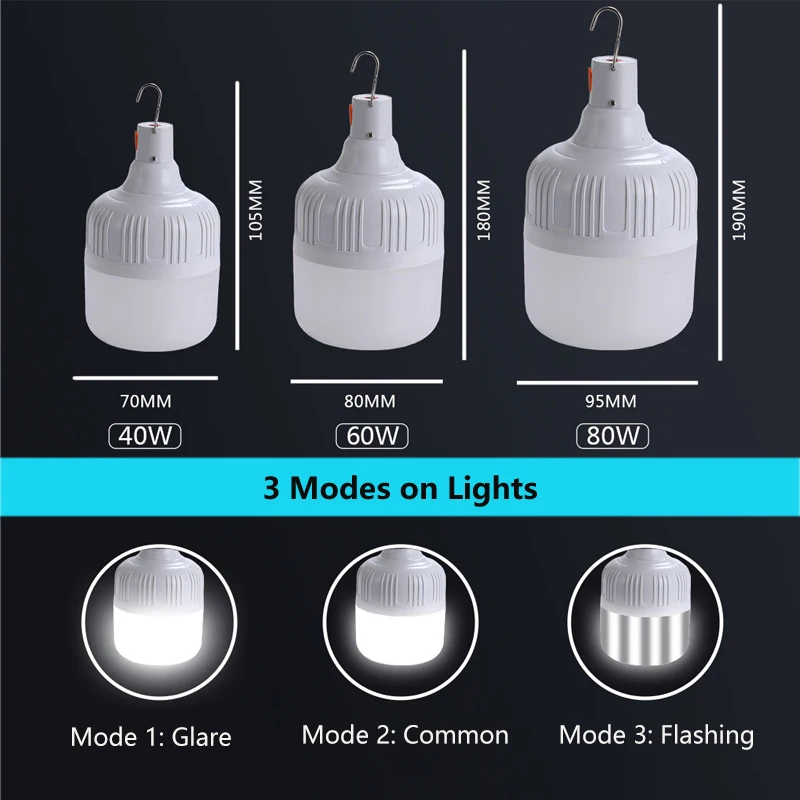 Lampu LED darurat portabel 40W/80W/100W/120W, lampu malam tenda memancing kamping, lampu kait darurat