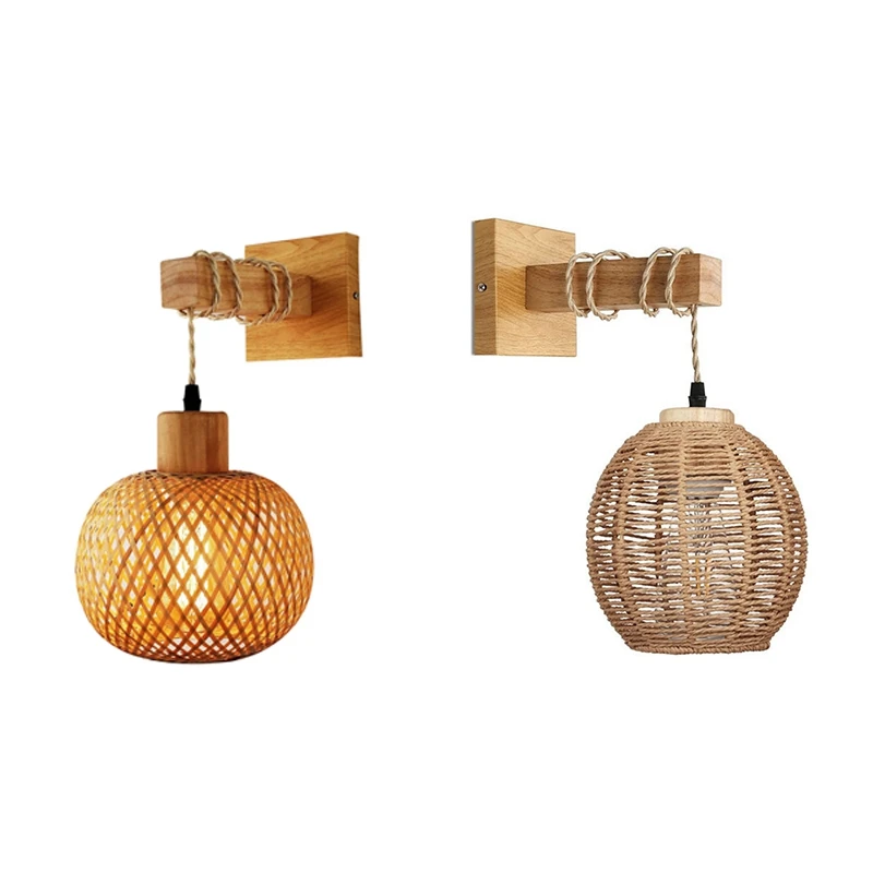 

Retro Wall Light Woven Rattan Wood Sconces Living Room Bedside Lamp Vintage Bedroom Decoration Lighting