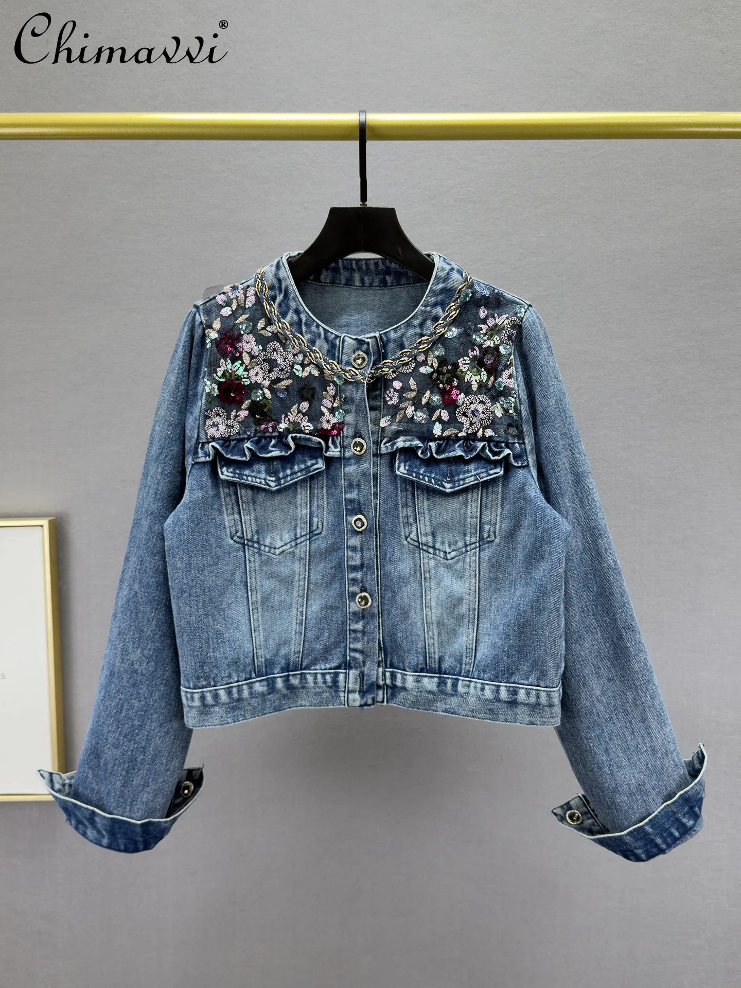 

Heavy Sequin Denim Outwear Women's 2026 Spring and Autumn New Fashion Silm-fit Retro Distressed Long Sleeves Jacket Coat
