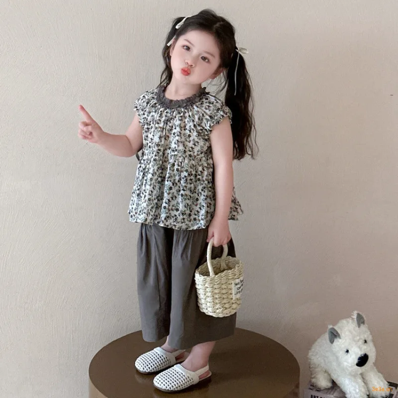Girls' Suit Short-sleeved T-shirt Summer 2025 New Children's Summer Floral Top Girl's Foreign Wide-leg Pants