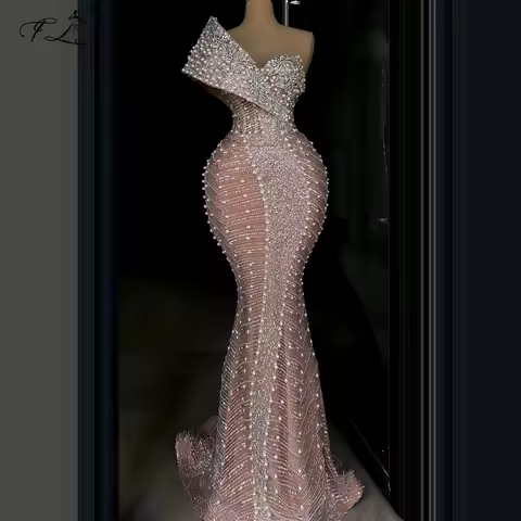 Beaded rhinestone evening gown with glittery glitter mermaid dress irregular shoulders champagne pink custom dress occasion