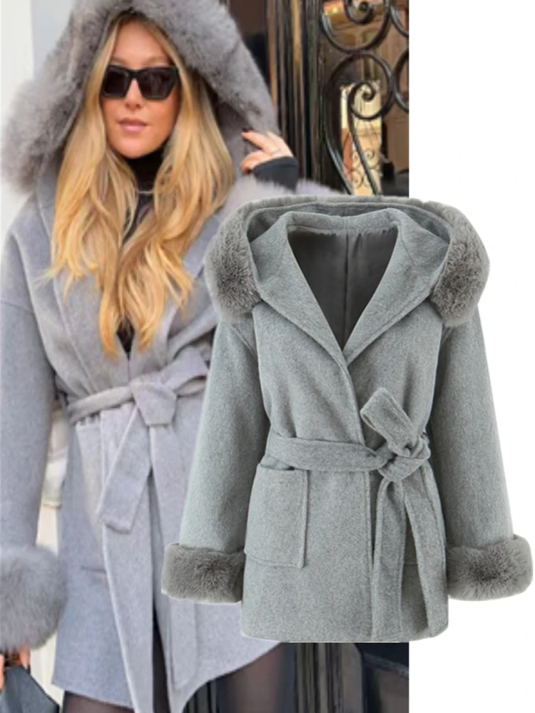 

Ele Long Coat Sle Woolen Jaet with Fur Collar Cuffed Sves Waist Cinching Slimming High-End Feel Women's Outerwear