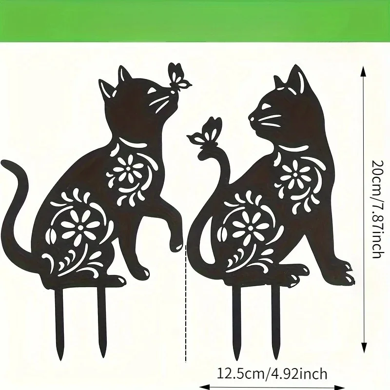 2Pcs Metal Cat Dog Garden Stake Floral Hollow Silhouette Yard Art Lawn Outdoor Decor