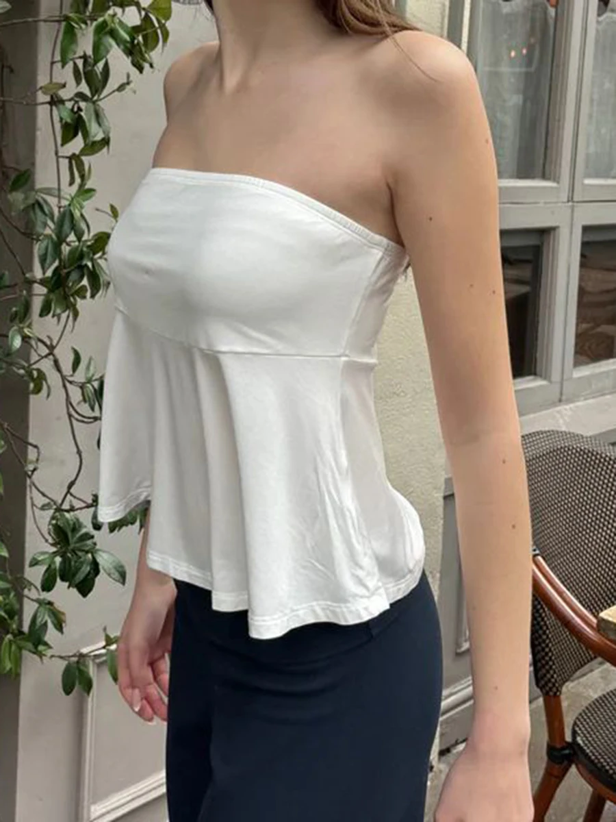 Folds Strapless Tank Top for Woman Summer Soft Cotton White Simple Crop Tops Female Casual Vintage Streetwear Sweet Cropped Vest