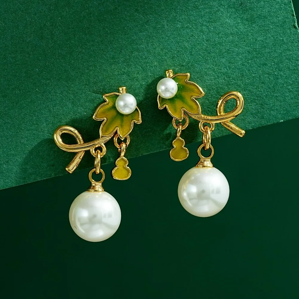 

2026 New National Trend Enamel Glaze Green Gourd Maple Leaf White Pearl Tassel Earrings High-end Temperament Stud Earrings