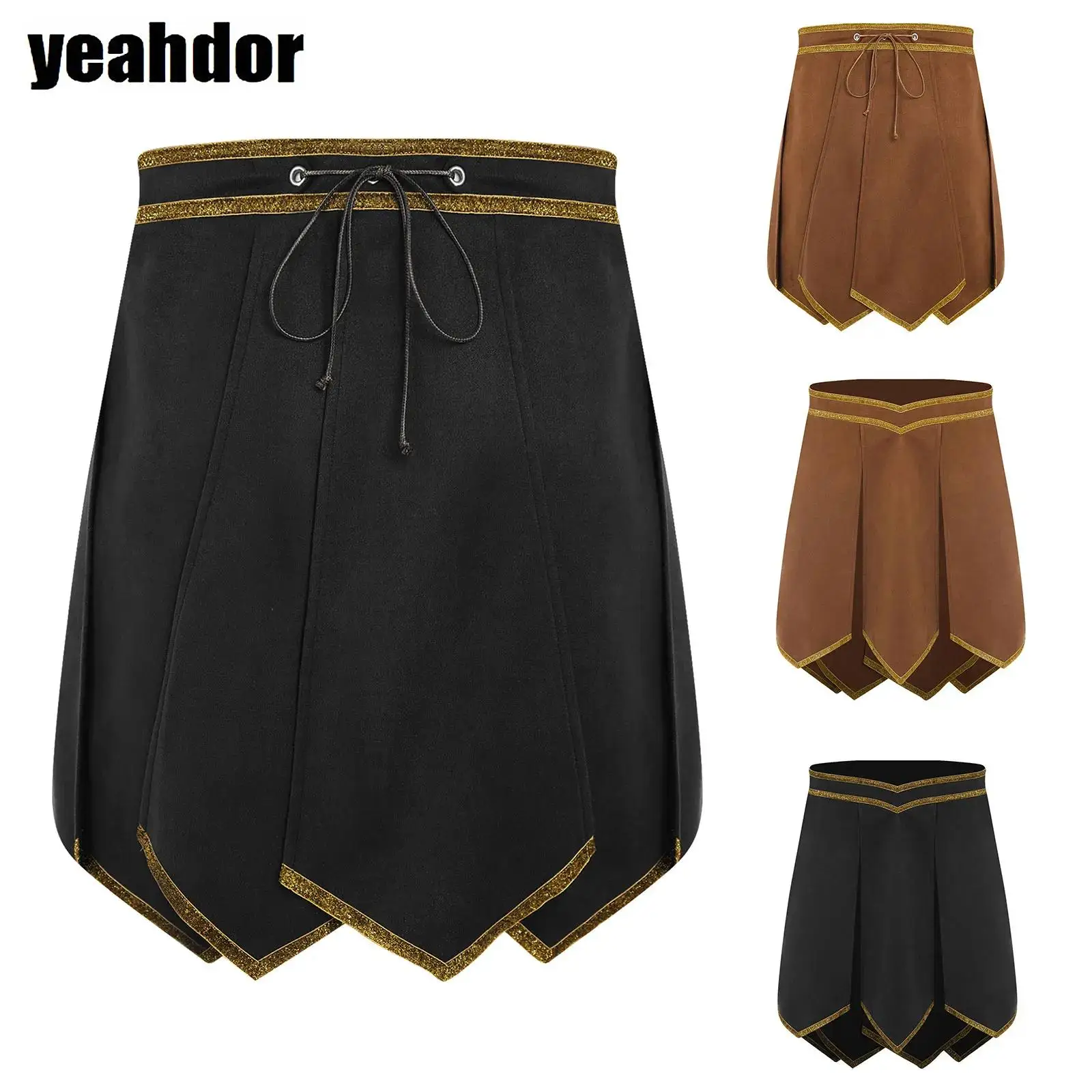 Rok Gladiator Romawi Pria Rok Armor Suede Palsu Pinggang Dapat Disesuaikan Trim Emas untuk Cosplay Halloween Ksatria Prajurit Yunani Abad Pertengahan