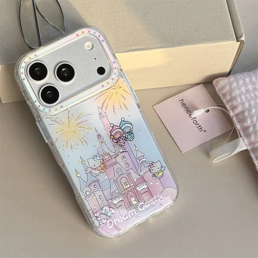

Kawaii Castle Hellokitty Gilt phone case for iPhone 17 Pro 16 14 13 15 Pro Max Fundas cute Protection Cases Cover For 17 16 Max