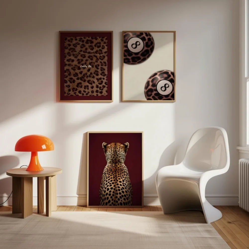 Red Leopard Print Wall Art Set of 3|Cheetah Animal Printables|8 Ball Dorm Decor|Digital Download Modern Boho Home Art Aesthetic