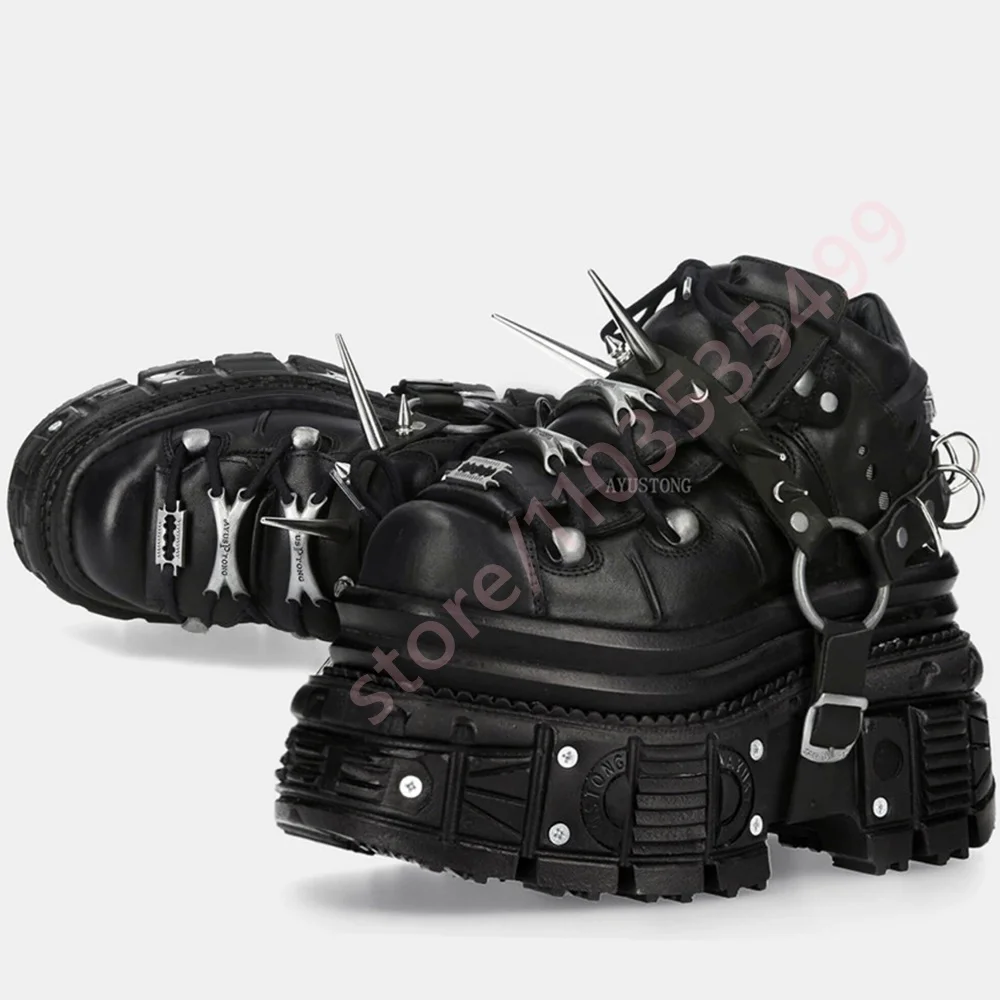 2026 New Black Gothic Punk Platform Sneakers Women Spiked Rivet Metal Ring Buckle Lace Up Chunky Thick Sole Y2K Streetwear Shoes view 6