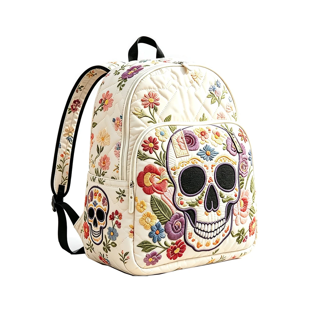 Gothic Sugar Skull Floral Quilted Backpack Large Capacity Casual Rucksack Halloween Packsack Women Men Travel Daypack