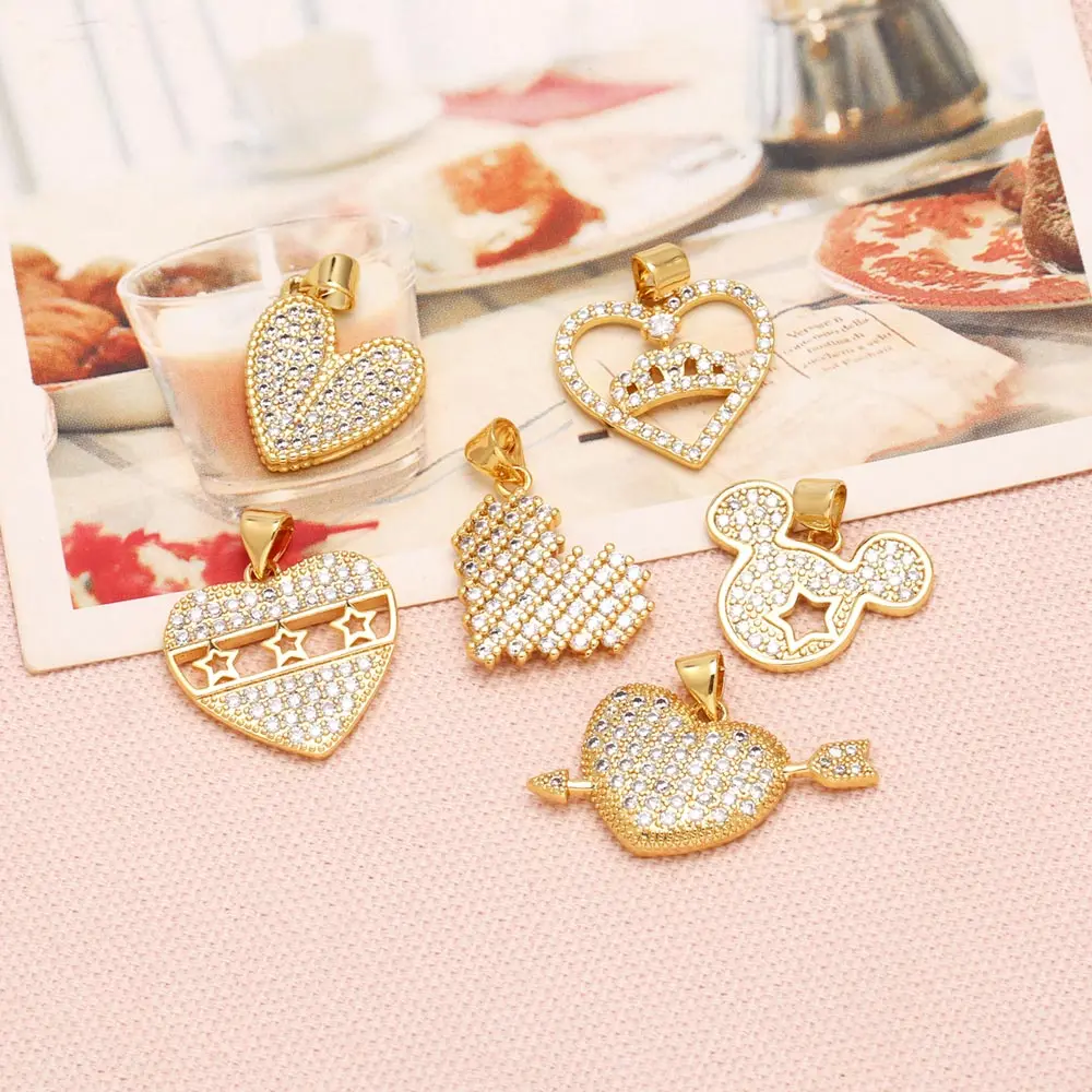 OCESRIO Fashion White Crystal Heart Pendant for Necklaces Copper Gold Plated Crown Star Heart Jewelry Making Supplies pdtb717