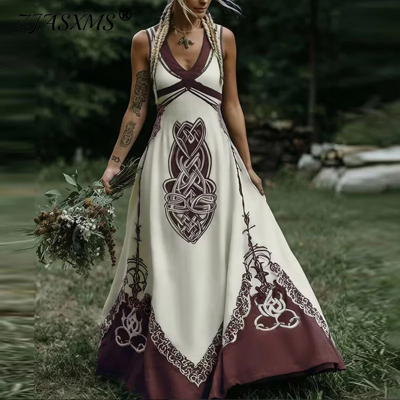 Fashion 2026 Spring Geometry Print High Waist Maxi Dress Woman Sexy V Neck Loose A-Line Long Dress Sleeveless Loose Summer Dress