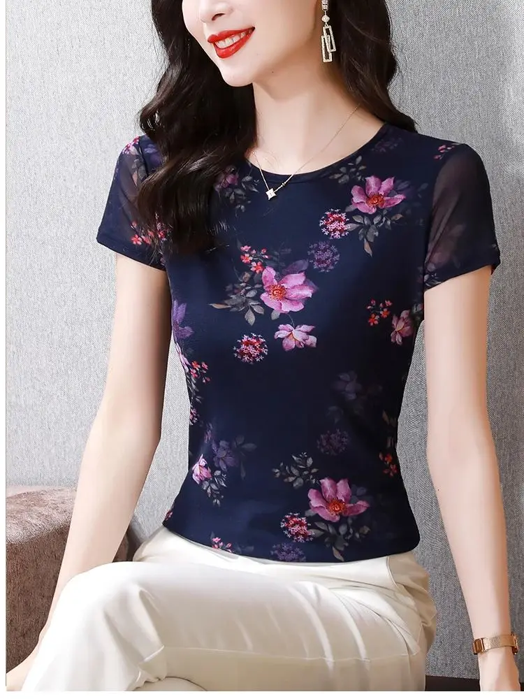 Summer Women O-neck Short Sleeve T-shirts Tees Girls Printed Floral Slim Tees T shirts Tops For Female