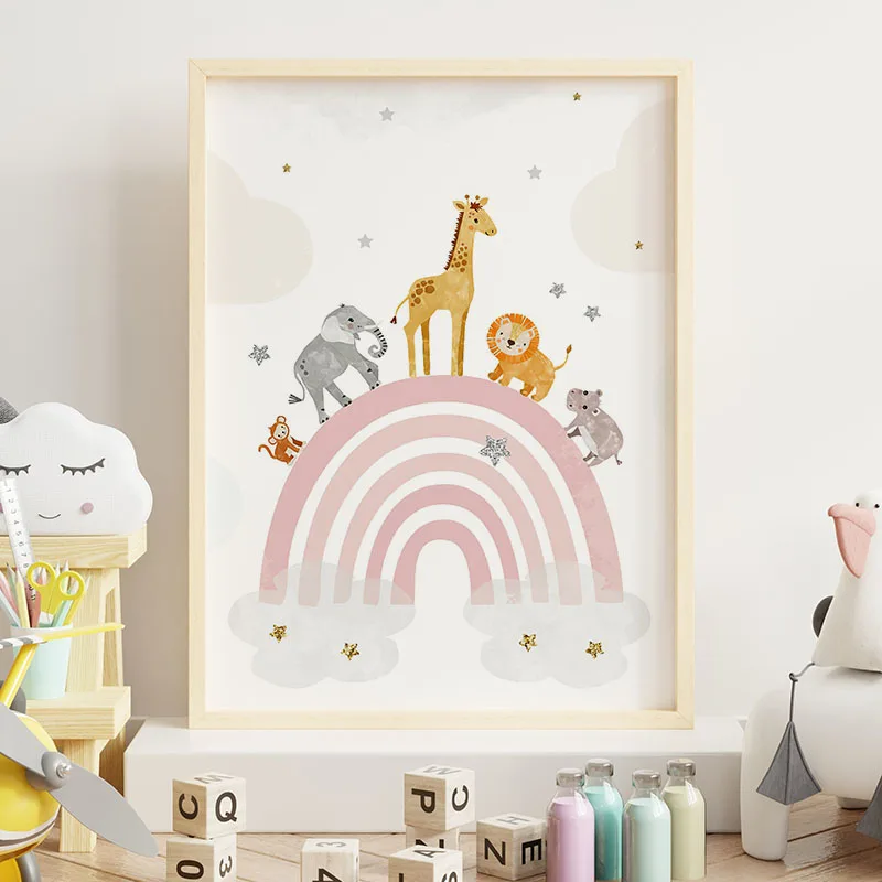 1PC frameless decorative art print,Pink Angel Girl Rainbow Wall Art Nursery Canvas Prints Painting Balloon Cloud Star Animals Po