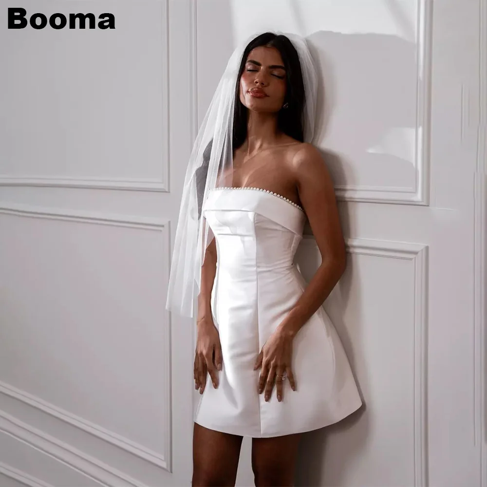 Booma A-Line Short Wedding Party Dresses Straplesss Pearls Satin Brides Party Gowns for Women Simple Mini Prom Cocktail Dress